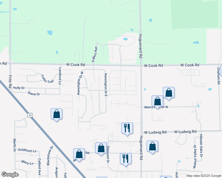 map of restaurants, bars, coffee shops, grocery stores, and more near 7034 Kensington Drive East in Fort Wayne