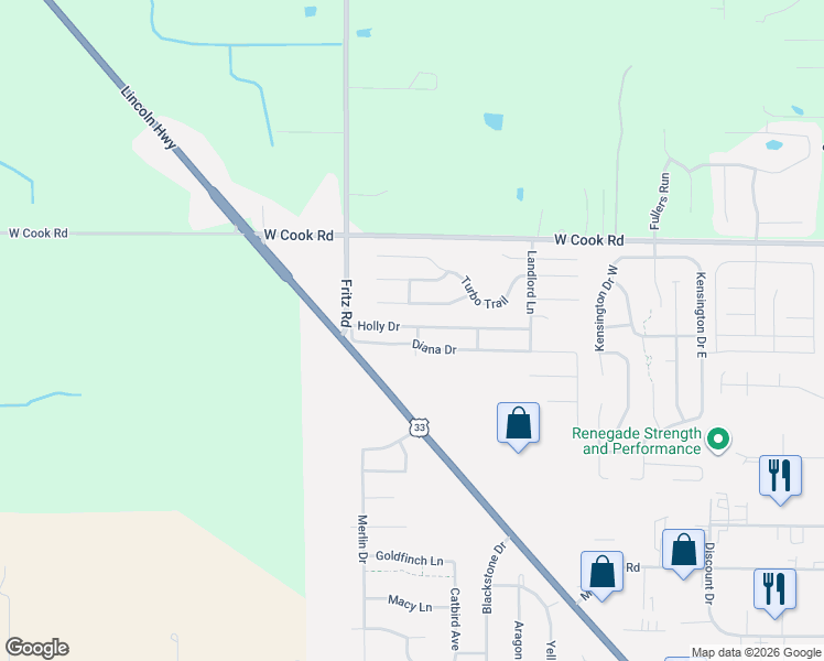 map of restaurants, bars, coffee shops, grocery stores, and more near 85 Diana Drive in Fort Wayne