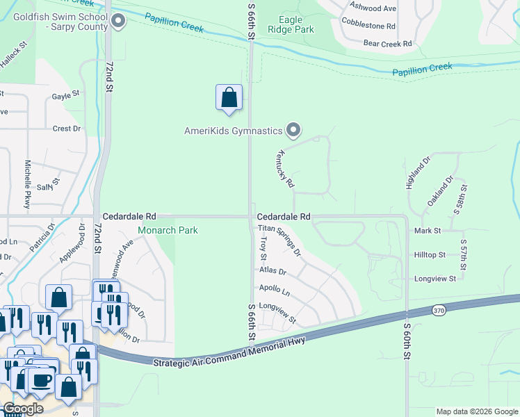 map of restaurants, bars, coffee shops, grocery stores, and more near 1804 Titan Springs Drive in Papillion