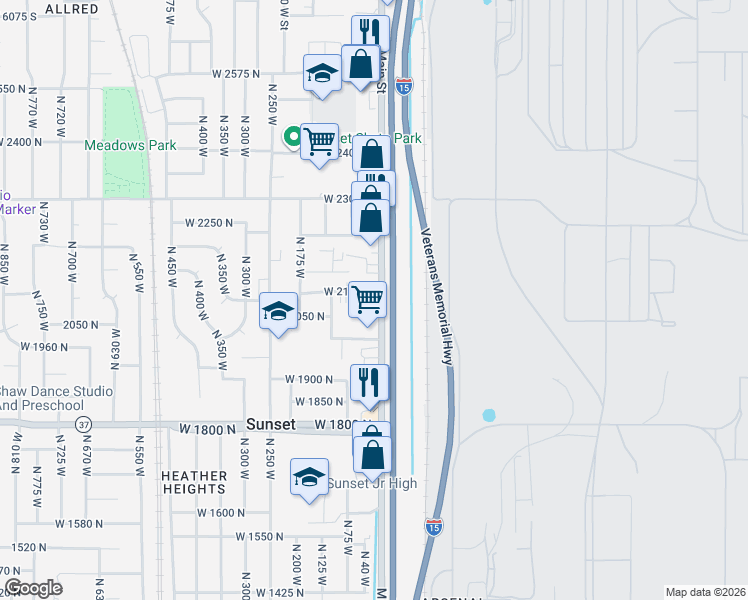 map of restaurants, bars, coffee shops, grocery stores, and more near 2085 North Main Street in Sunset