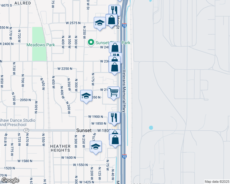 map of restaurants, bars, coffee shops, grocery stores, and more near 2085 North Main Street in Sunset