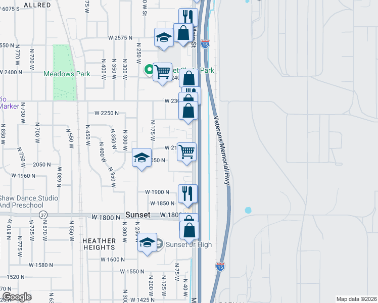 map of restaurants, bars, coffee shops, grocery stores, and more near 2059 North Main Street in Sunset