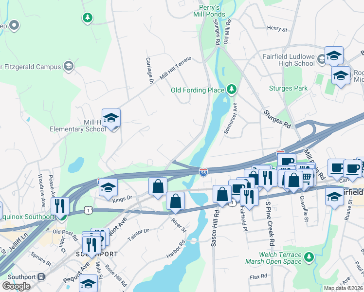 map of restaurants, bars, coffee shops, grocery stores, and more near 279 Bronson Road in Fairfield