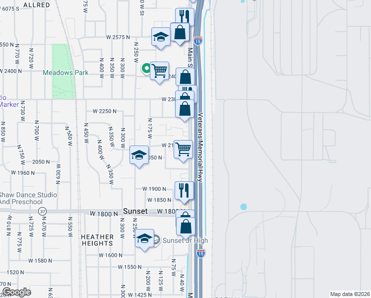 map of restaurants, bars, coffee shops, grocery stores, and more near 2085 North Main Street in Sunset