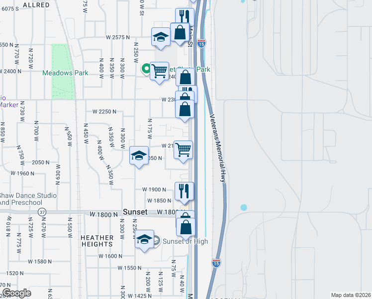map of restaurants, bars, coffee shops, grocery stores, and more near 2059 North Main Street in Sunset
