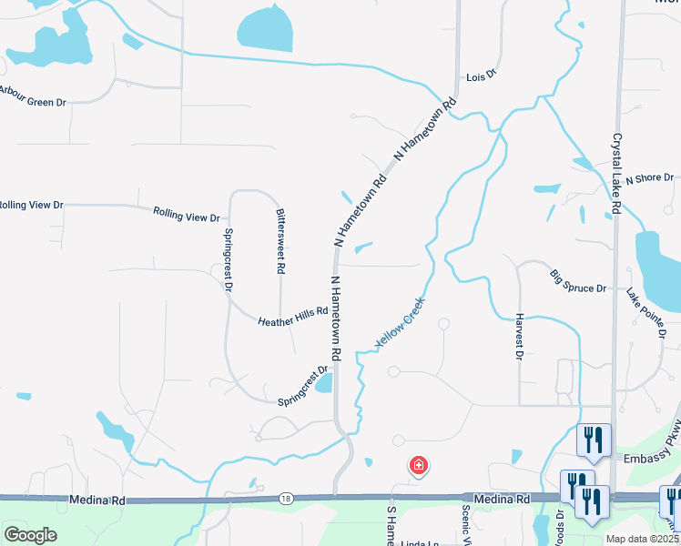 map of restaurants, bars, coffee shops, grocery stores, and more near 299 North Hametown Road in Akron