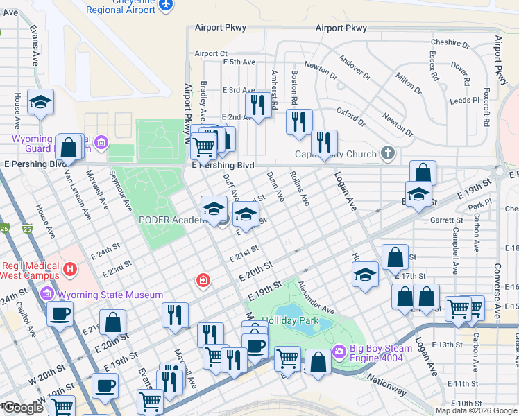 map of restaurants, bars, coffee shops, grocery stores, and more near 1208 East 22nd Street in Cheyenne