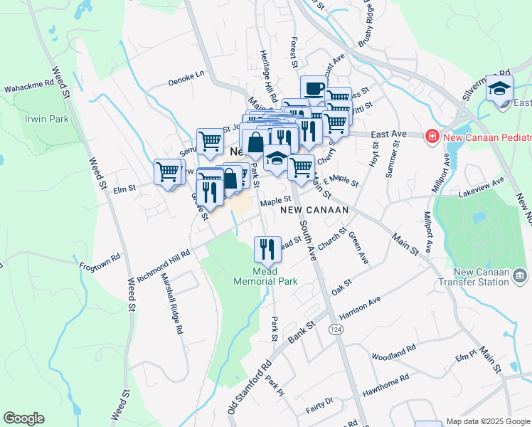 map of restaurants, bars, coffee shops, grocery stores, and more near 162 Park Street in New Canaan