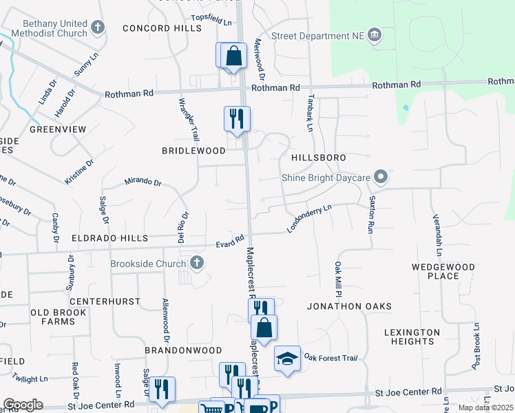 map of restaurants, bars, coffee shops, grocery stores, and more near 6302 Hillsboro Ln in Fort Wayne