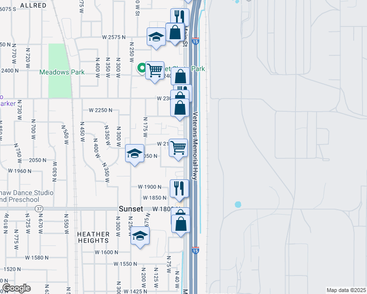 map of restaurants, bars, coffee shops, grocery stores, and more near 2085 North Main Street in Sunset