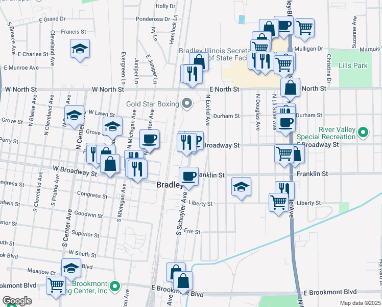 map of restaurants, bars, coffee shops, grocery stores, and more near 135 South Schuyler Avenue in Bradley