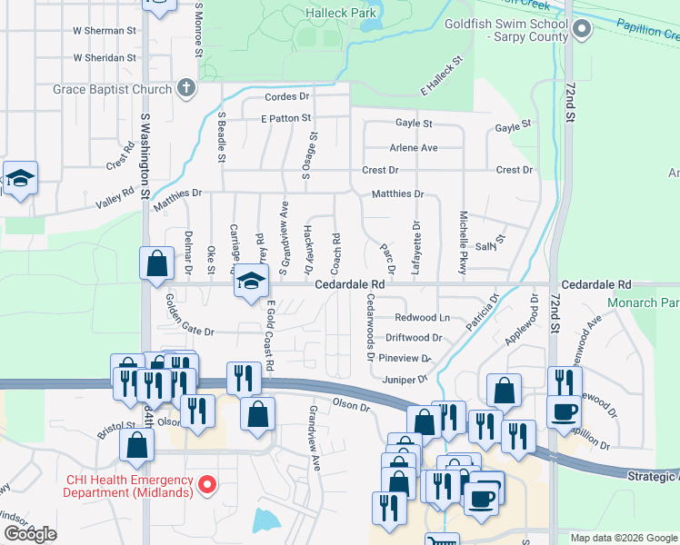map of restaurants, bars, coffee shops, grocery stores, and more near 1125 Coach Road in Papillion