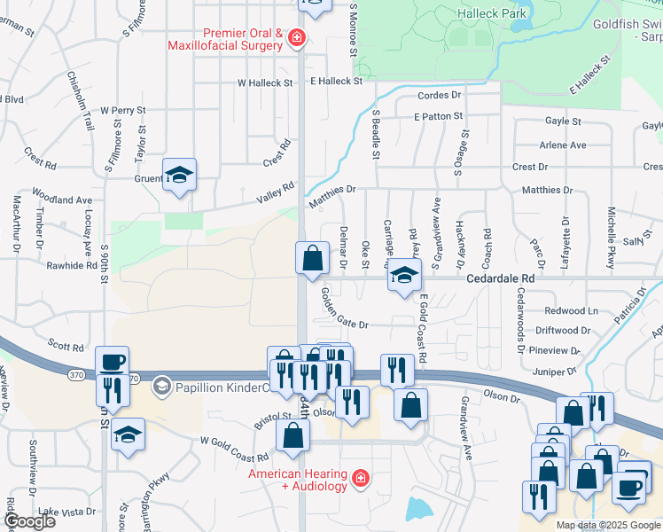map of restaurants, bars, coffee shops, grocery stores, and more near 1130 Delmar Drive in Papillion