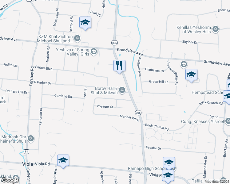 map of restaurants, bars, coffee shops, grocery stores, and more near 49 Mariner Way in Monsey