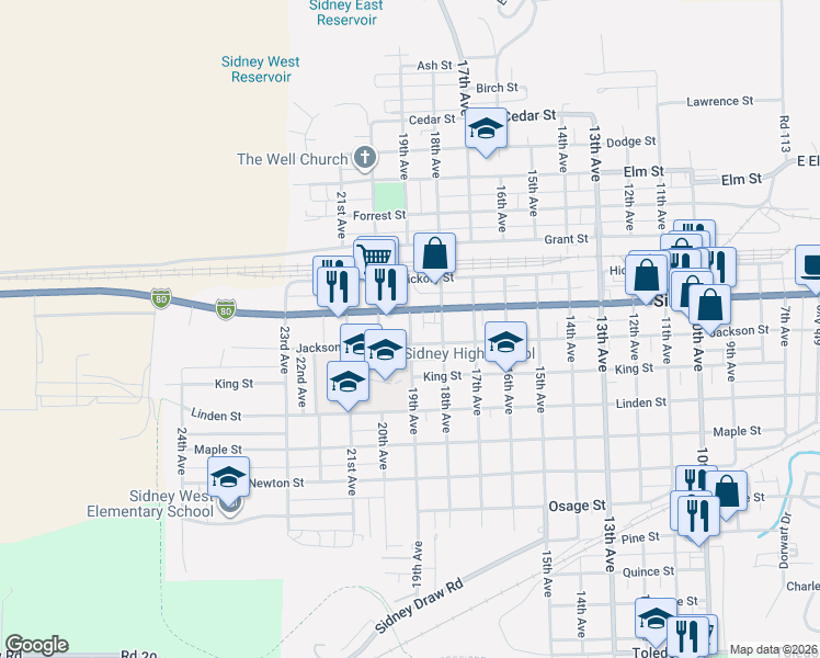 map of restaurants, bars, coffee shops, grocery stores, and more near 19th Avenue in Sidney