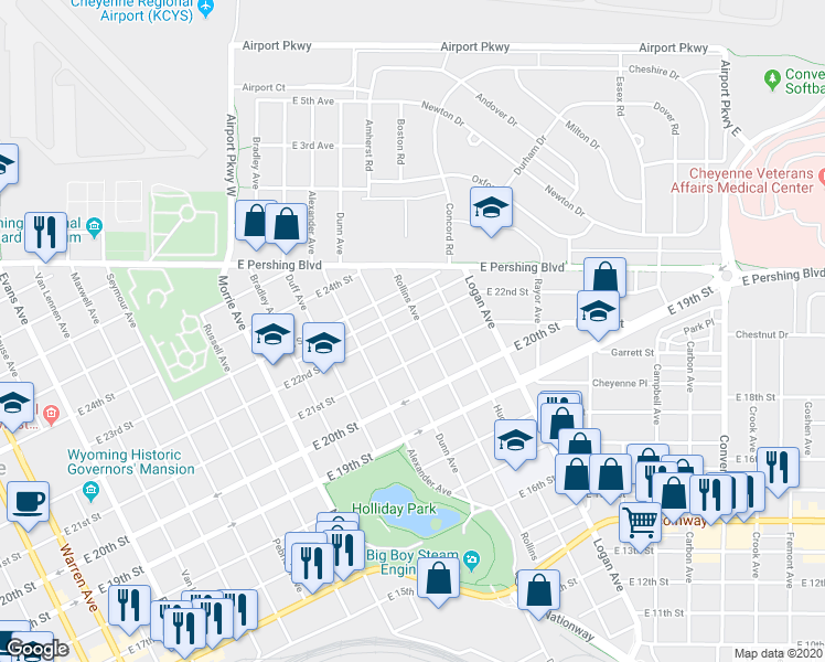 map of restaurants, bars, coffee shops, grocery stores, and more near 1414 East 21st Street in Cheyenne