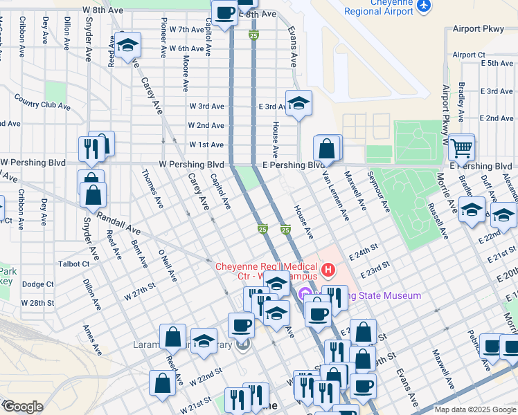 map of restaurants, bars, coffee shops, grocery stores, and more near 2722 Central Avenue in Cheyenne