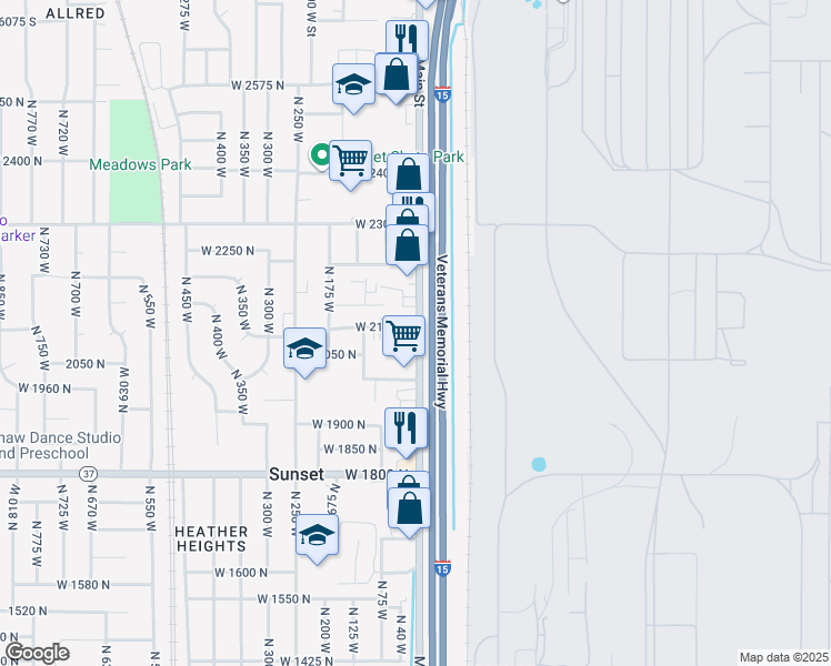 map of restaurants, bars, coffee shops, grocery stores, and more near 2059 North Main Street in Sunset