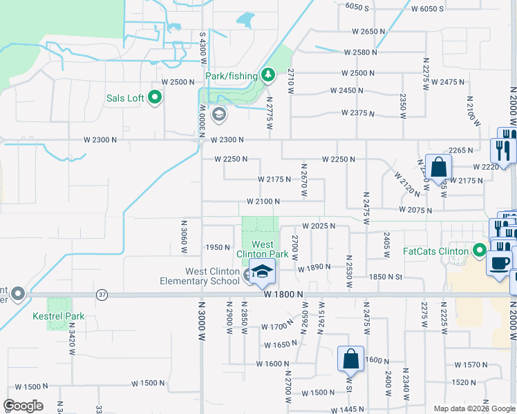 map of restaurants, bars, coffee shops, grocery stores, and more near 677 West 2050 North in Clinton