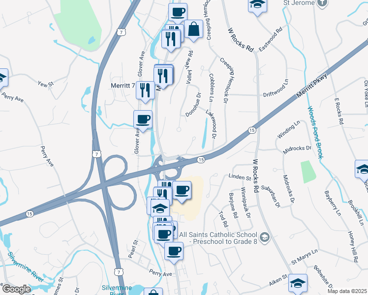map of restaurants, bars, coffee shops, grocery stores, and more near 84 Creeping Hemlock Drive in Norwalk
