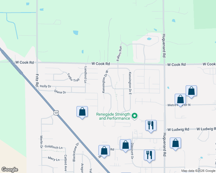 map of restaurants, bars, coffee shops, grocery stores, and more near 7030 Kensington Drive West in Fort Wayne