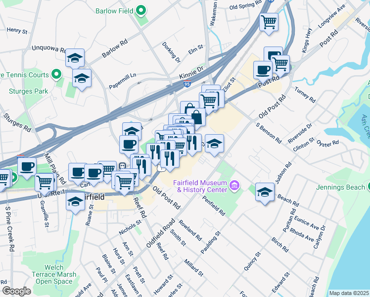 map of restaurants, bars, coffee shops, grocery stores, and more near 1139 Post Road in Fairfield