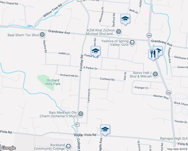 map of restaurants, bars, coffee shops, grocery stores, and more near 52 Lyncrest Drive in Monsey
