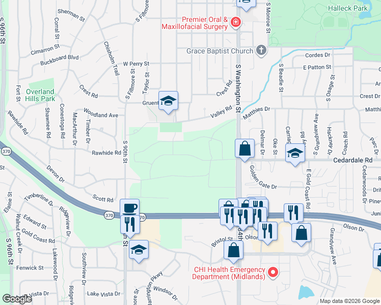 map of restaurants, bars, coffee shops, grocery stores, and more near 1204 South Washington Street in Papillion