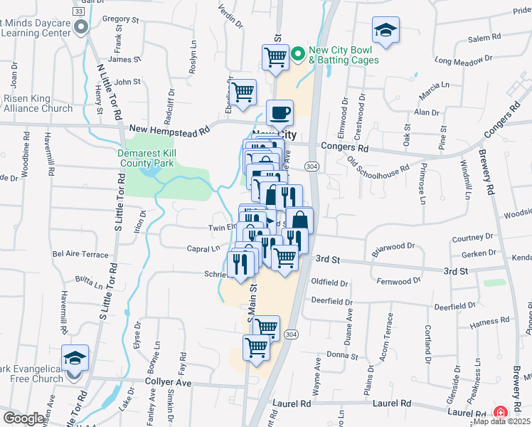 map of restaurants, bars, coffee shops, grocery stores, and more near 115 South Main Street in New City