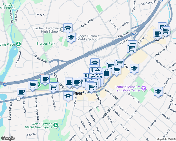 map of restaurants, bars, coffee shops, grocery stores, and more near 230 Unquowa Road in Fairfield