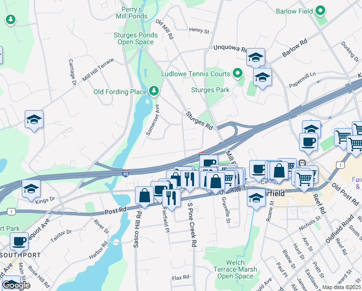 map of restaurants, bars, coffee shops, grocery stores, and more near 251 North Pine Creek Road in Fairfield