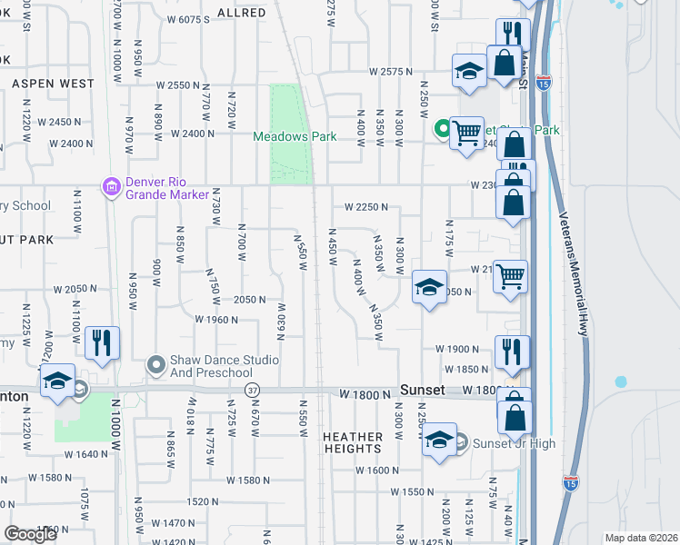 map of restaurants, bars, coffee shops, grocery stores, and more near 2088 North 450 West in Sunset