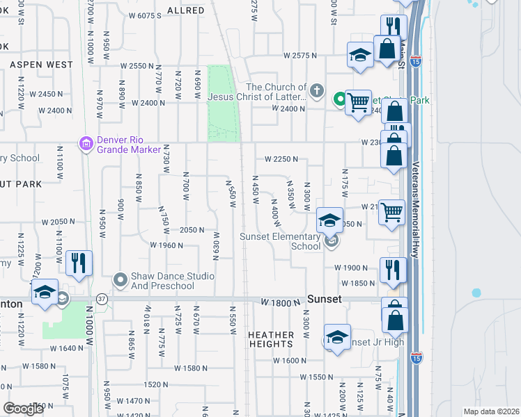 map of restaurants, bars, coffee shops, grocery stores, and more near 2088 North 450 West in Sunset