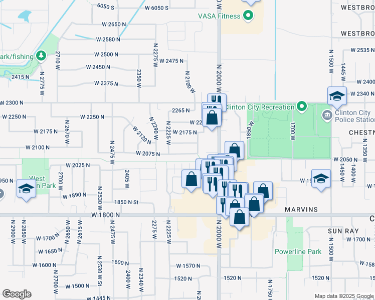 map of restaurants, bars, coffee shops, grocery stores, and more near 2144 West 2075 North in Clearfield