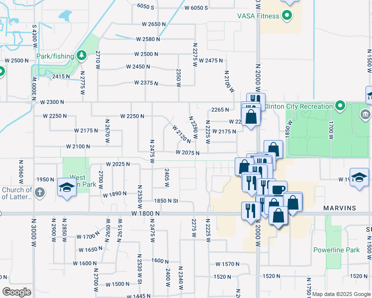 map of restaurants, bars, coffee shops, grocery stores, and more near 2326 West 2075 North in Clinton