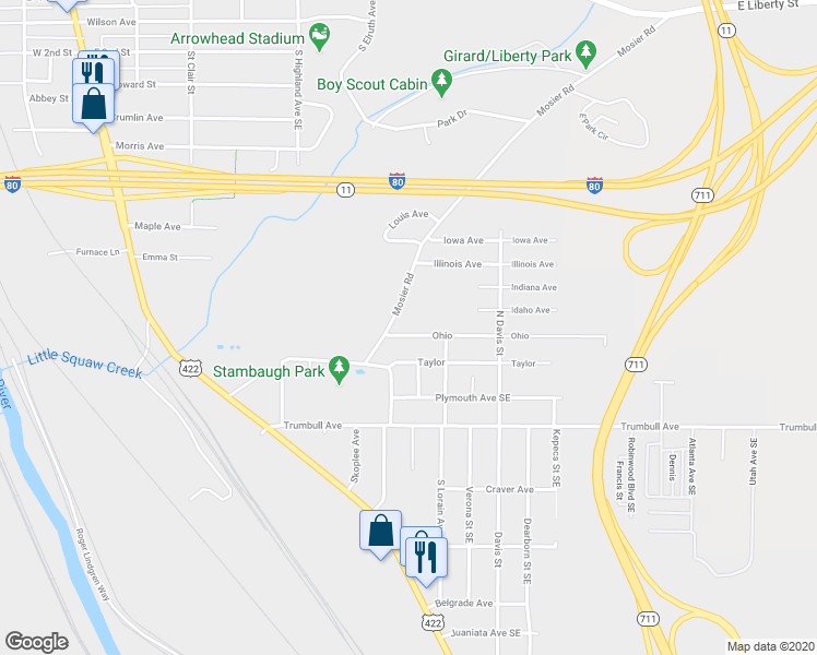 map of restaurants, bars, coffee shops, grocery stores, and more near 222 Ohio Ave in Girard