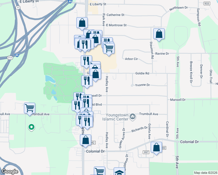map of restaurants, bars, coffee shops, grocery stores, and more near 218 Mansell Drive in Youngstown