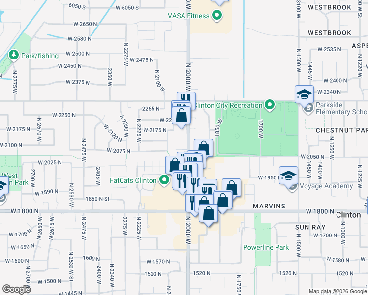 map of restaurants, bars, coffee shops, grocery stores, and more near 2087 North 2000 West in Clinton