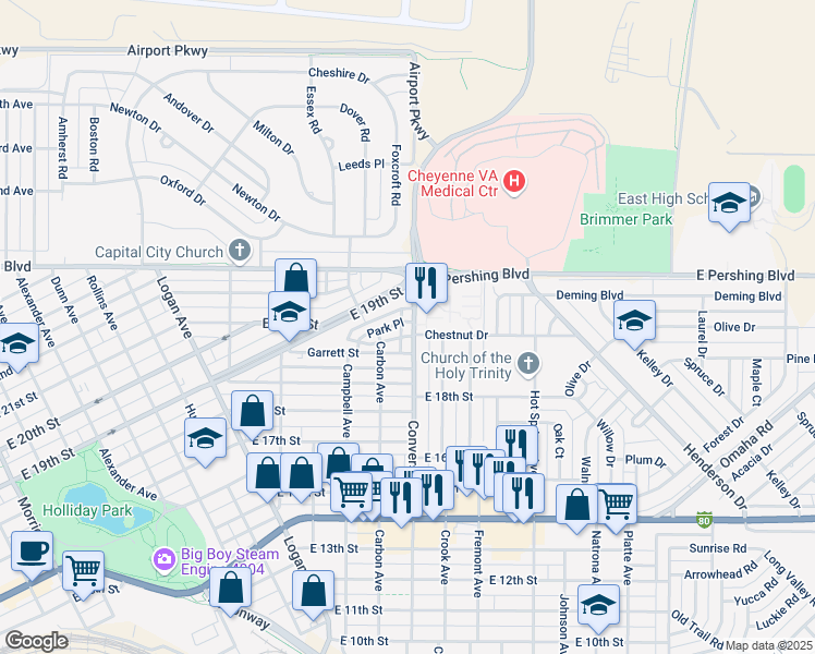 map of restaurants, bars, coffee shops, grocery stores, and more near 1845 Converse Avenue in Cheyenne