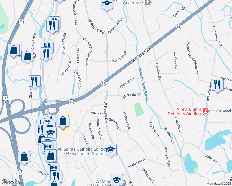 map of restaurants, bars, coffee shops, grocery stores, and more near 8 Caddy Road in Norwalk
