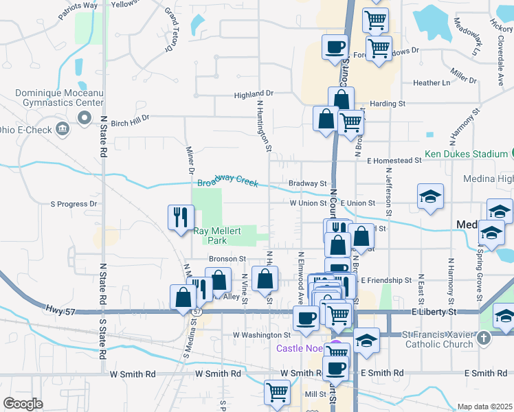 map of restaurants, bars, coffee shops, grocery stores, and more near 347 North Huntington Street in Medina