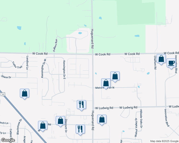 map of restaurants, bars, coffee shops, grocery stores, and more near 3870 Haslemere Way in Fort Wayne