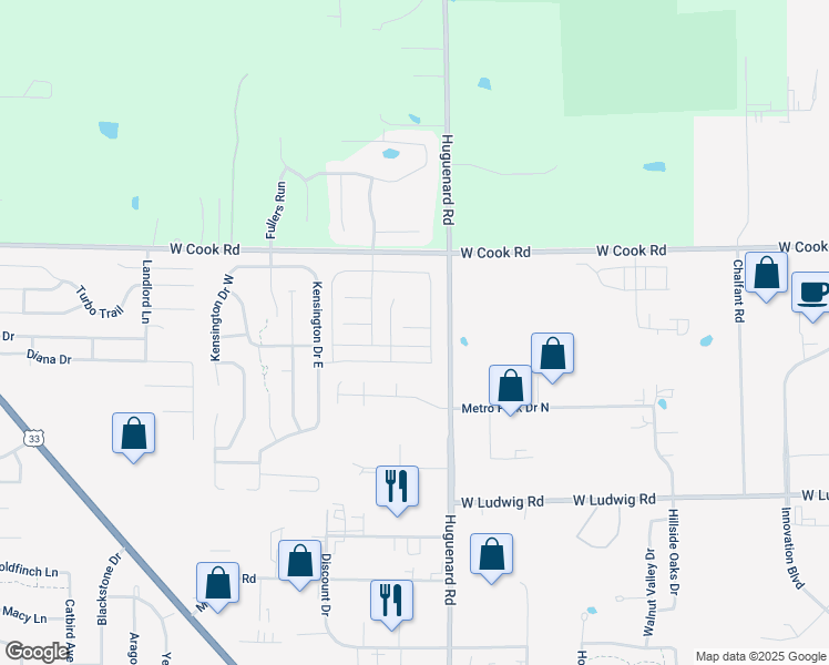 map of restaurants, bars, coffee shops, grocery stores, and more near 3870 Haslemere Way in Fort Wayne