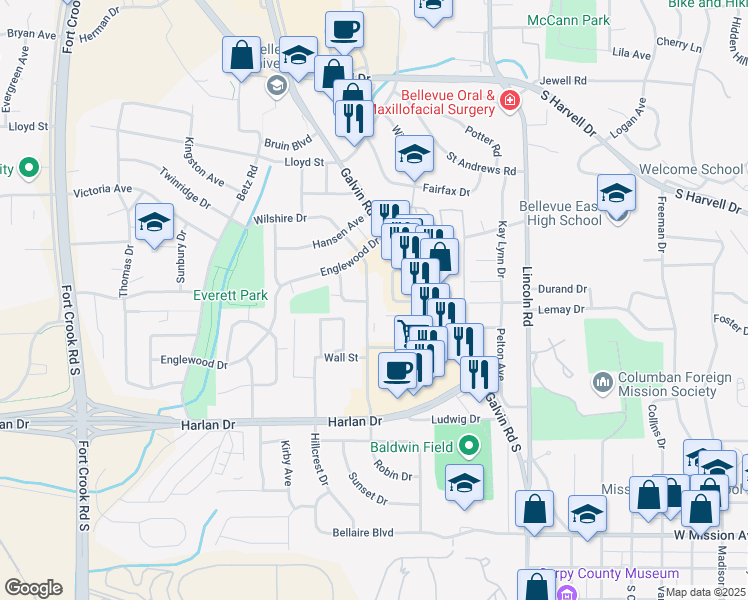 map of restaurants, bars, coffee shops, grocery stores, and more near 1301 Willis Avenue in Bellevue