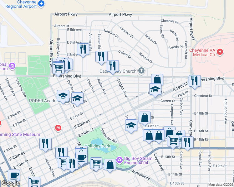 map of restaurants, bars, coffee shops, grocery stores, and more near 1517 East 21st Street in Cheyenne