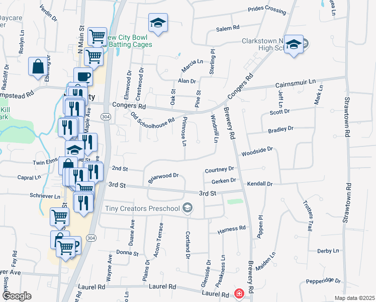 map of restaurants, bars, coffee shops, grocery stores, and more near 32 Primrose Lane in New City