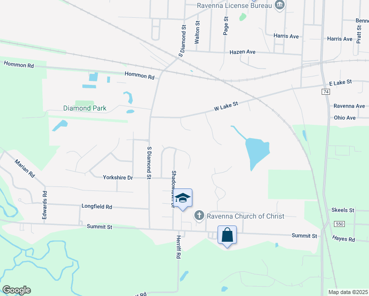 map of restaurants, bars, coffee shops, grocery stores, and more near 889 Sunnywood Lane in Ravenna