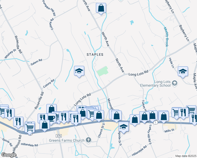 map of restaurants, bars, coffee shops, grocery stores, and more near 4 Burr Farms Road in Westport