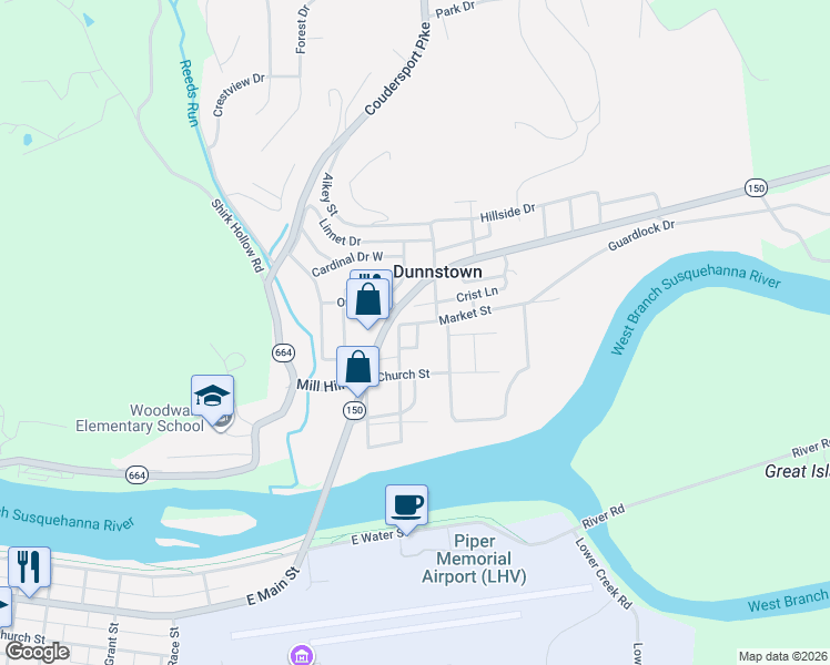 map of restaurants, bars, coffee shops, grocery stores, and more near 29 Arch Street in Lock Haven