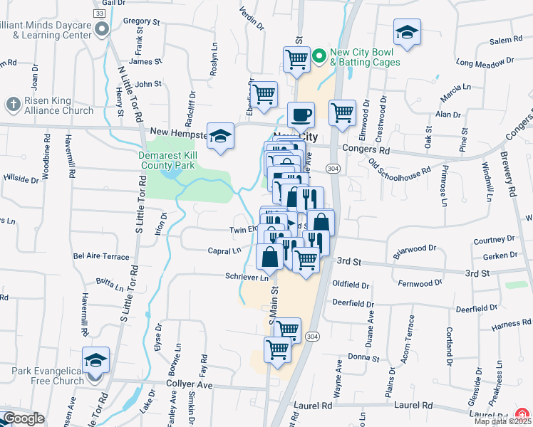 map of restaurants, bars, coffee shops, grocery stores, and more near 6 Capral Lane in New City